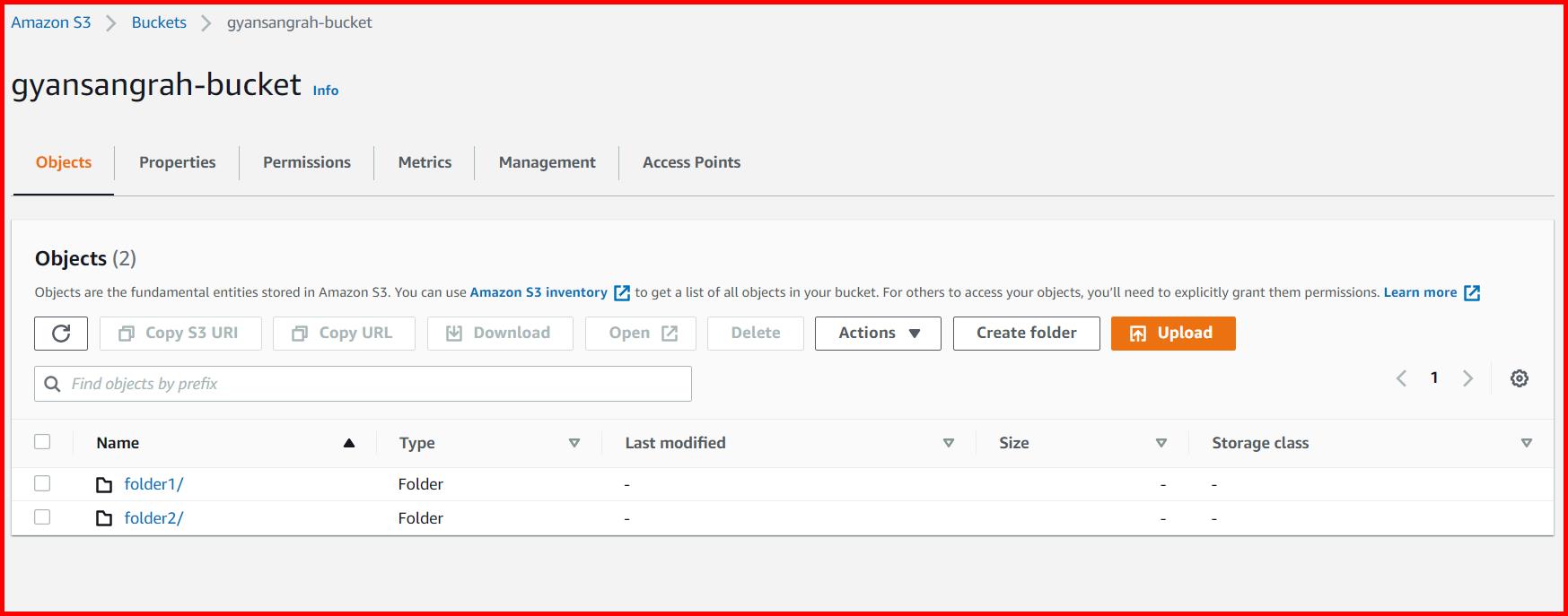 Picture showing 2 folders inside the S3 bucket